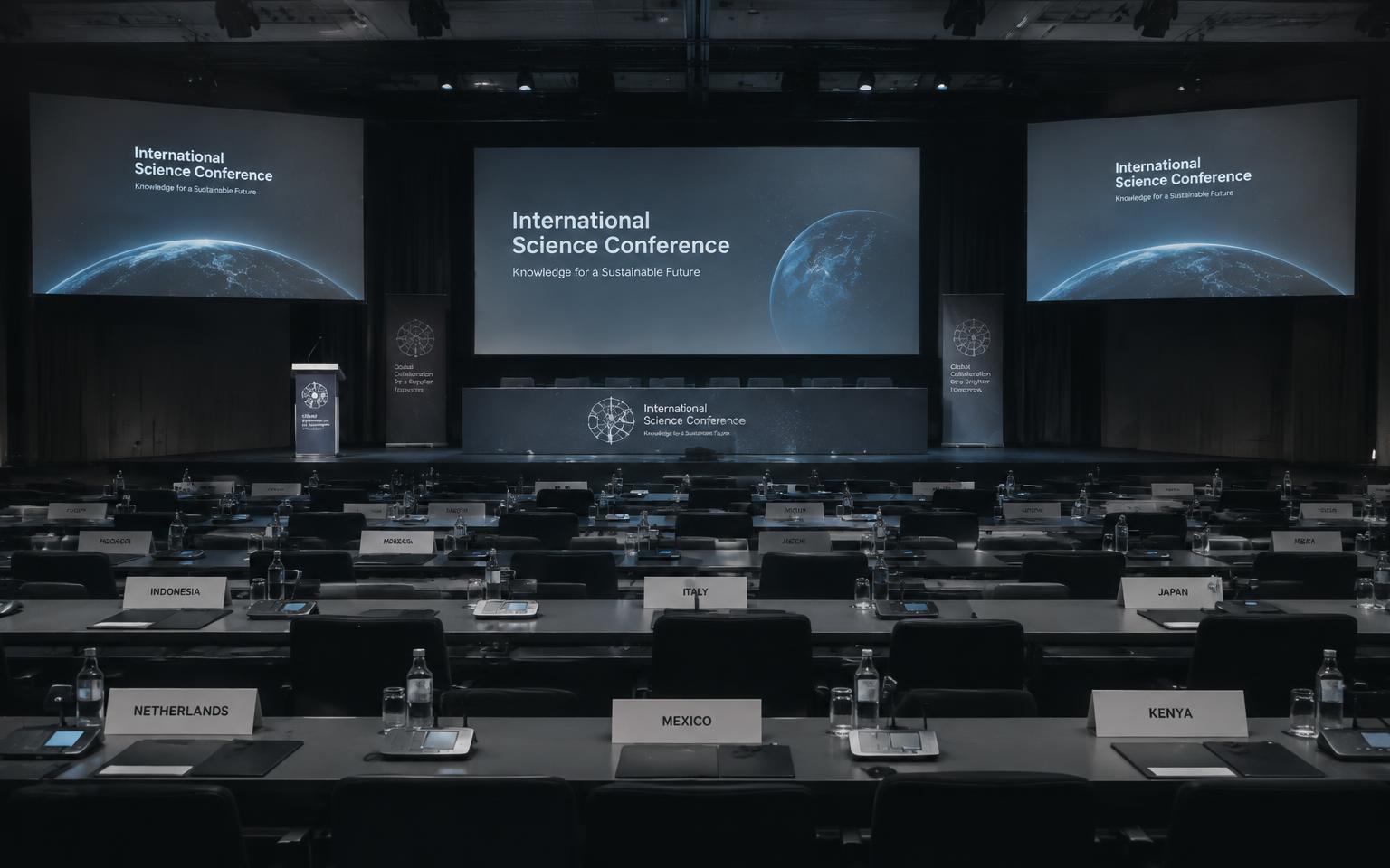 Placeholder: an international science conference hall with delegate tables and stage screens