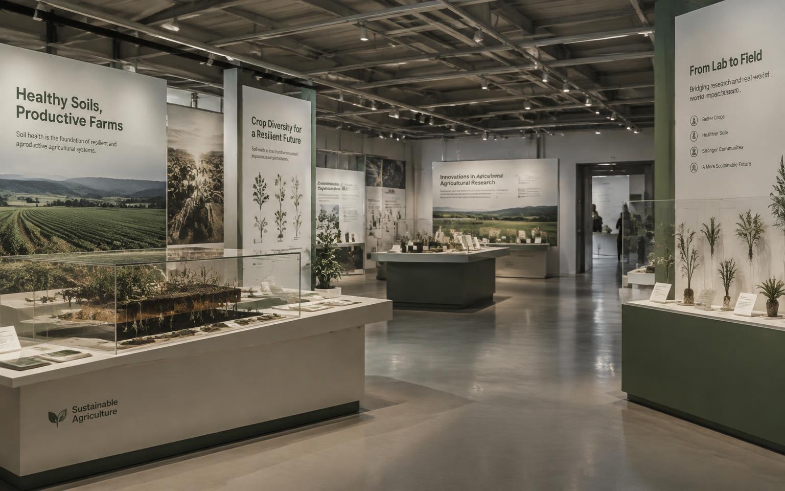 Placeholder: an agricultural research exhibition hall with display stands and signage